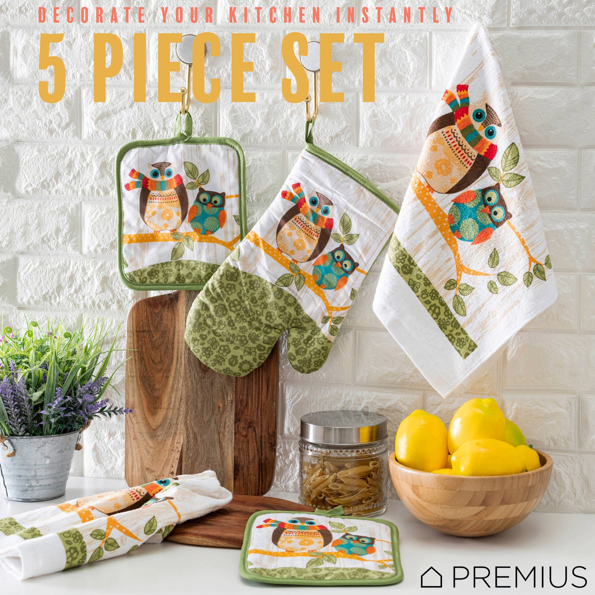 PREMIUS 5 Piece Printed Kitchen Linen Set, 2 Cotton Towels, 2 Pot Holders, 1 Oven Mitt from ShopBobbys