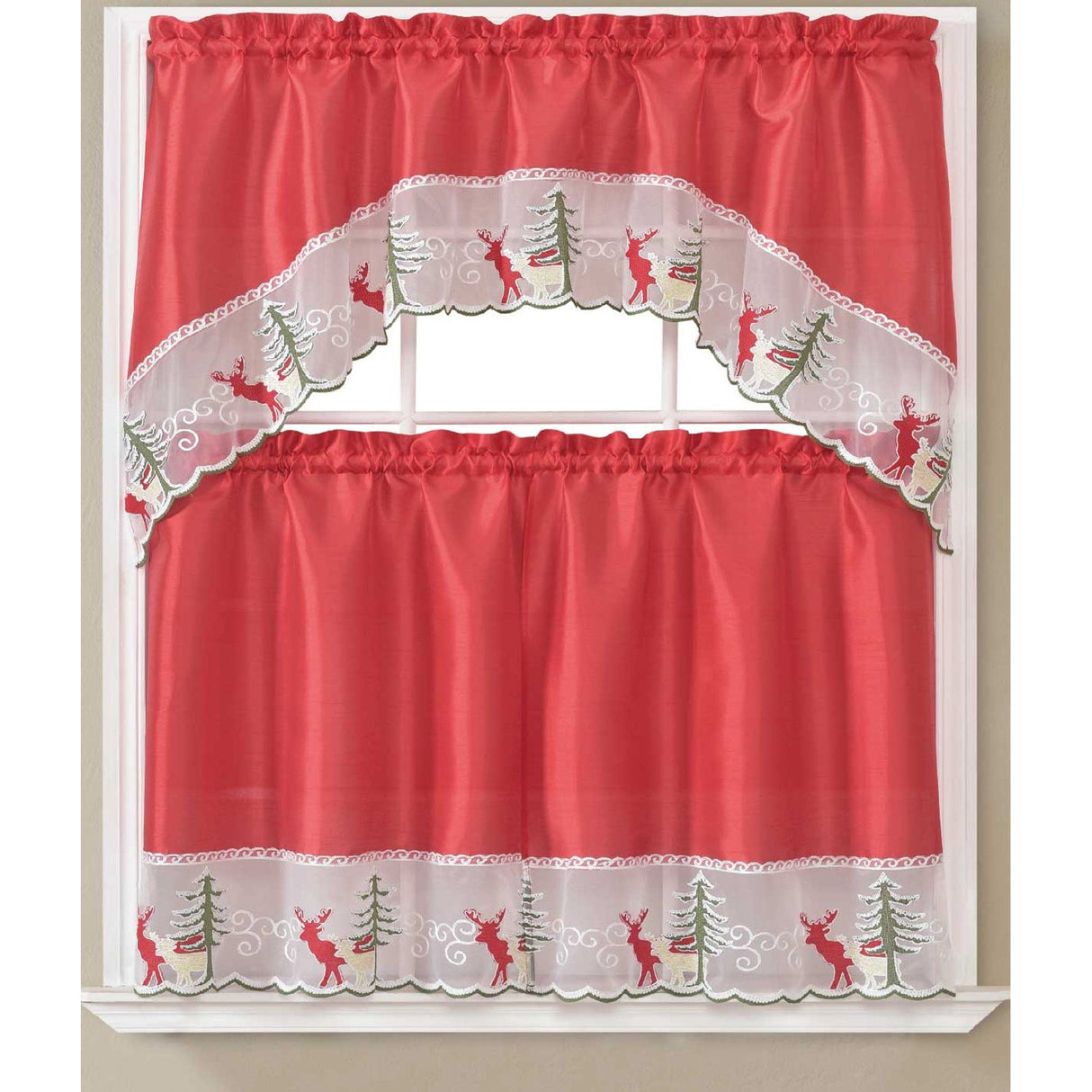Holly Christmas Tree, Reindeer and Snow Flakes Kitchen Curtain Set, Red, Swag Valance 60x36, Tiers 30x36 Inches from ShopBobbys