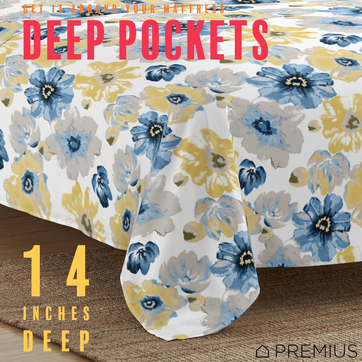 PREMIUS Eliana Soft Wrinkle-Free Microfiber Sheet Set, Blue-Yellow from ShopBobbys