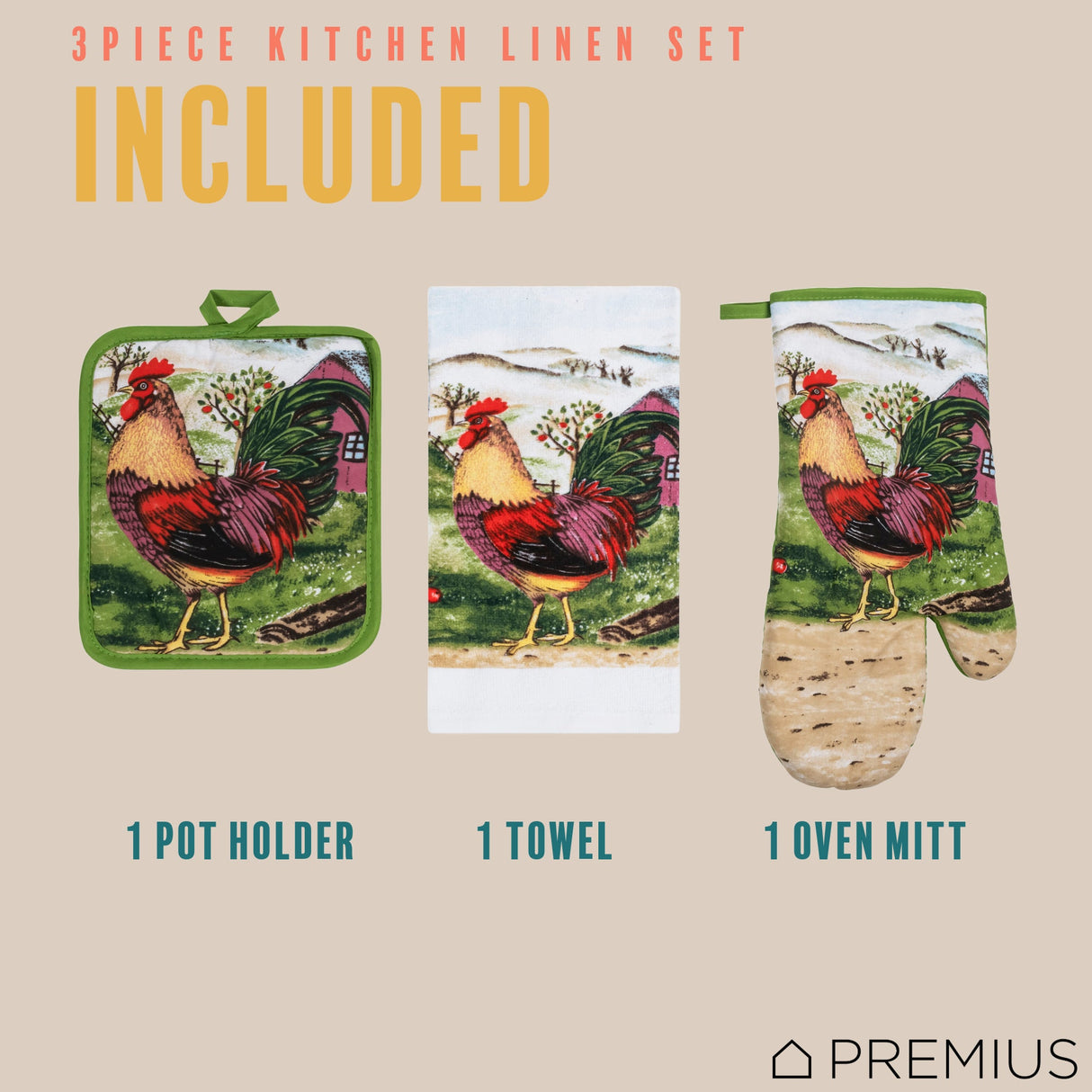 PREMIUS 3 Piece Printed Kitchen Linen Set, 1 Cotton Towel, 1 Pot Holder, 1 Oven Mitt from ShopBobbys