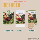 PREMIUS 3 Piece Printed Kitchen Linen Set, 1 Cotton Towel, 1 Pot Holder, 1 Oven Mitt from ShopBobbys