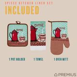 PREMIUS 3 Piece Printed Kitchen Linen Set, 1 Cotton Towel, 1 Pot Holder, 1 Oven Mitt from ShopBobbys