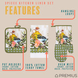 PREMIUS 3 Piece Printed Kitchen Linen Set, 1 Cotton Towel, 1 Pot Holder, 1 Oven Mitt from ShopBobbys