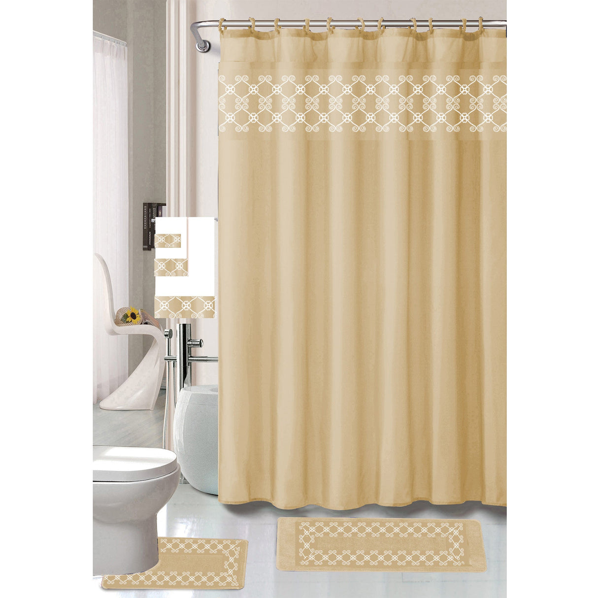Tristan 18 Piece Shower Curtain with Embroidered Non-Slip Bath Rug and Towel Set from ShopBobbys