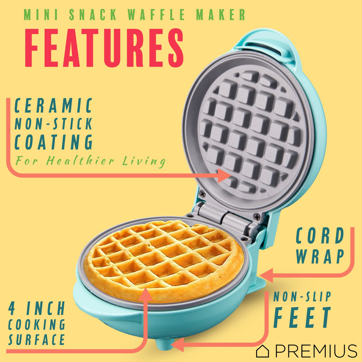 PREMIUS Ceramic Non-Stick Mini Snack Waffle Maker, 4 Inch Mold from ShopBobbys