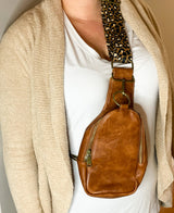 The Isla Sling Bag with Guitar Strap | Dark Brown with Leopard Strap from Babs+Birdie