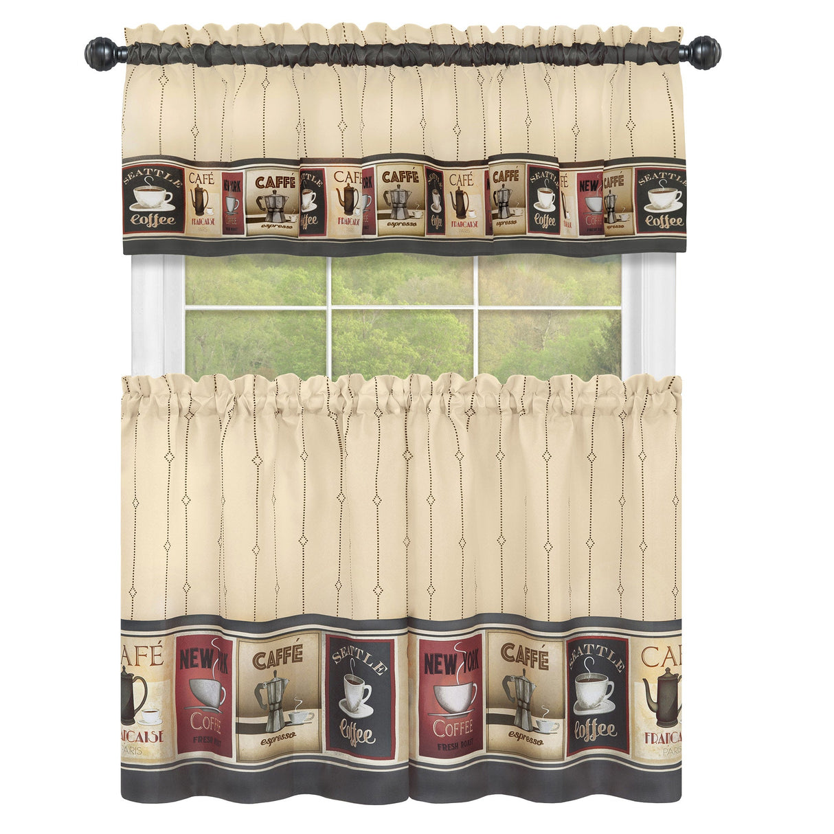 Achim Cozy Cafe Printed Kitchen Curtain Set, Tan-Black, Valance 58x13, Tiers 58x36 Inches from ShopBobbys