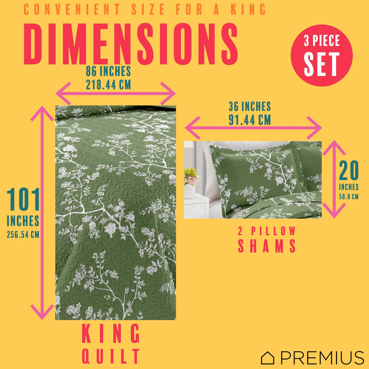 PREMIUS Fernando 3 Piece Microfiber Wrinkle-Free Quilt Set, Green-White from ShopBobbys