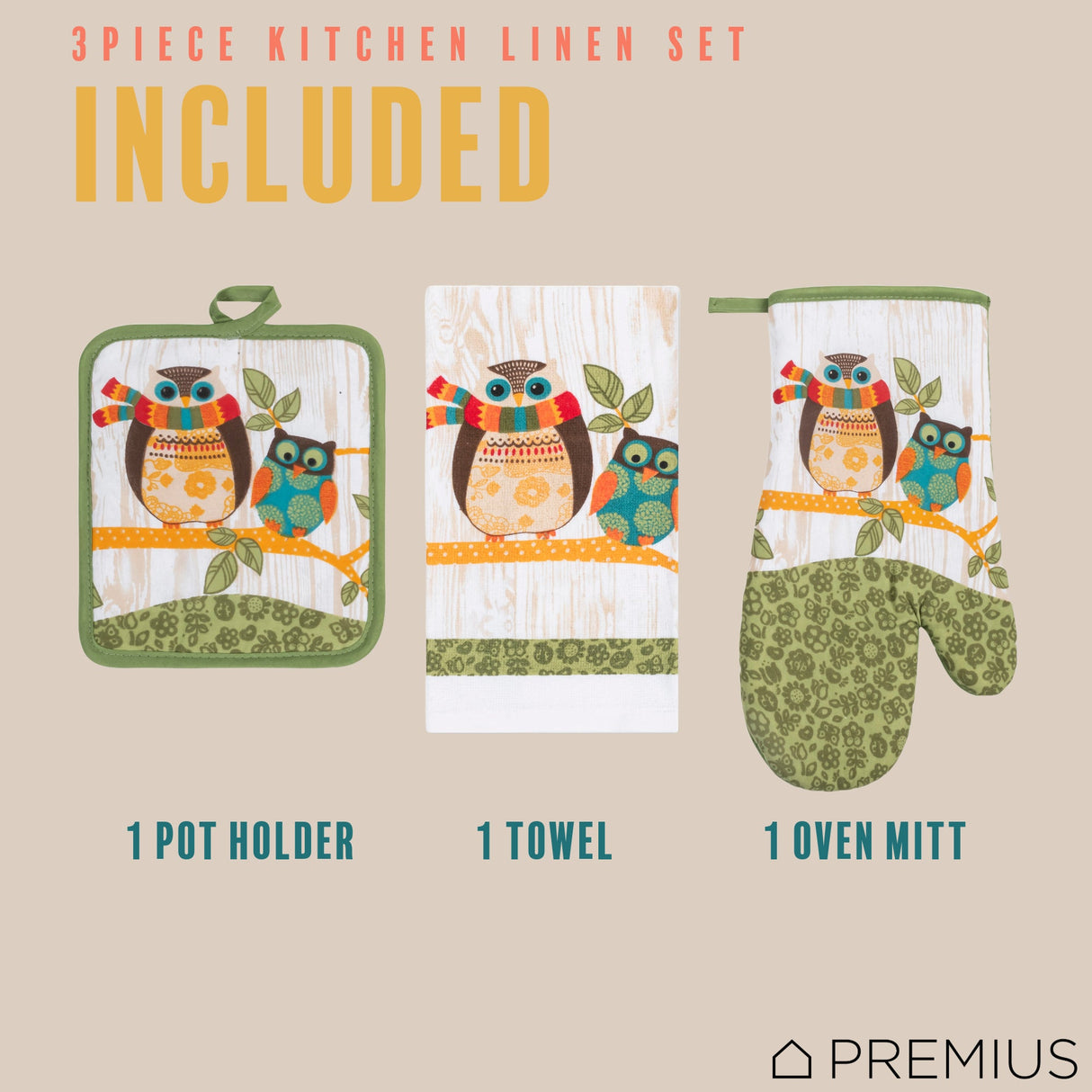 PREMIUS 3 Piece Printed Kitchen Linen Set, 1 Cotton Towel, 1 Pot Holder, 1 Oven Mitt from ShopBobbys