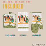 PREMIUS 3 Piece Printed Kitchen Linen Set, 1 Cotton Towel, 1 Pot Holder, 1 Oven Mitt from ShopBobbys