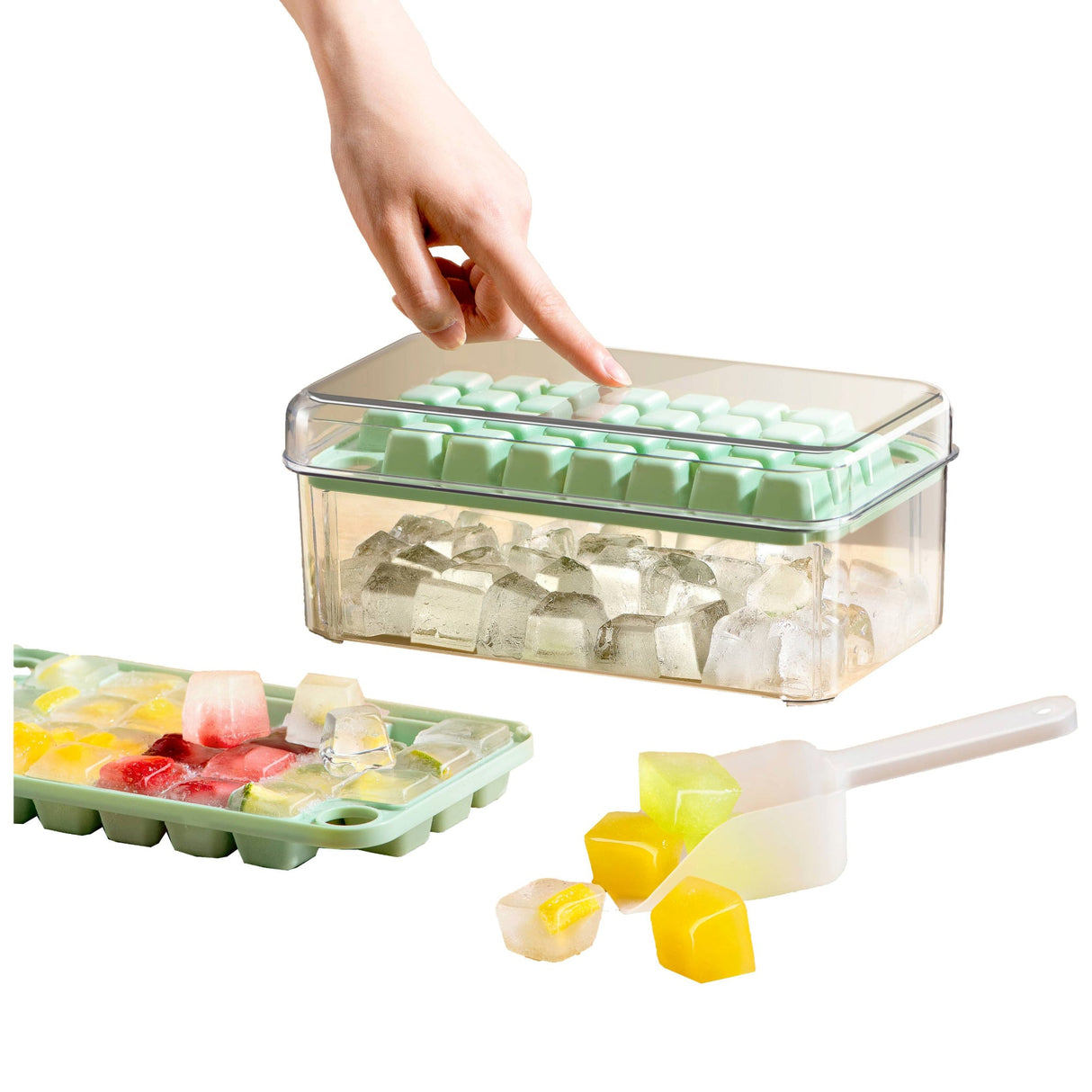 PREMIUS 2 Tray Ice Cube Tray with Container and Scoop, Green-Clear from ShopBobbys