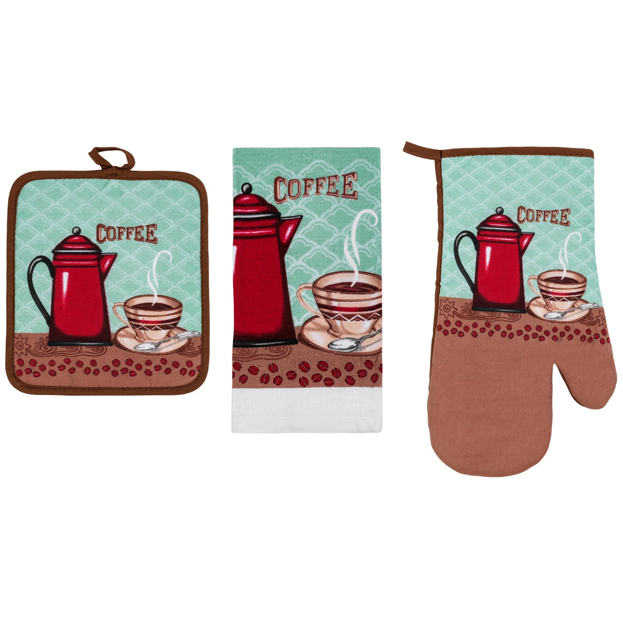 PREMIUS 3 Piece Printed Kitchen Linen Set, 1 Cotton Towel, 1 Pot Holder, 1 Oven Mitt from ShopBobbys
