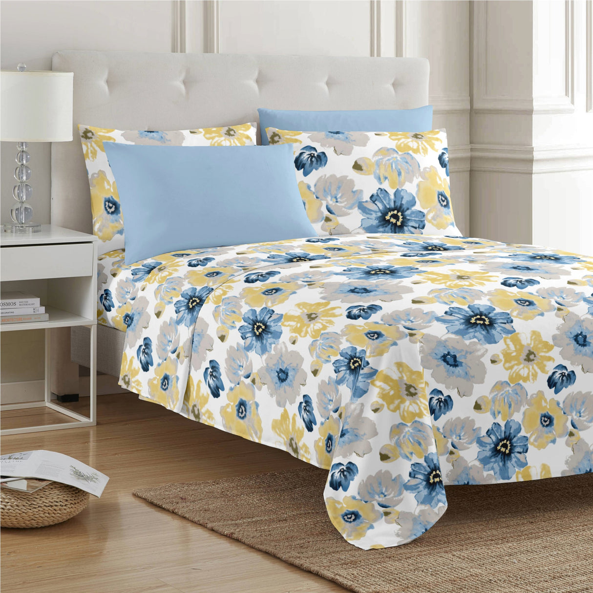 PREMIUS Eliana Soft Wrinkle-Free Microfiber Sheet Set, Blue-Yellow from ShopBobbys