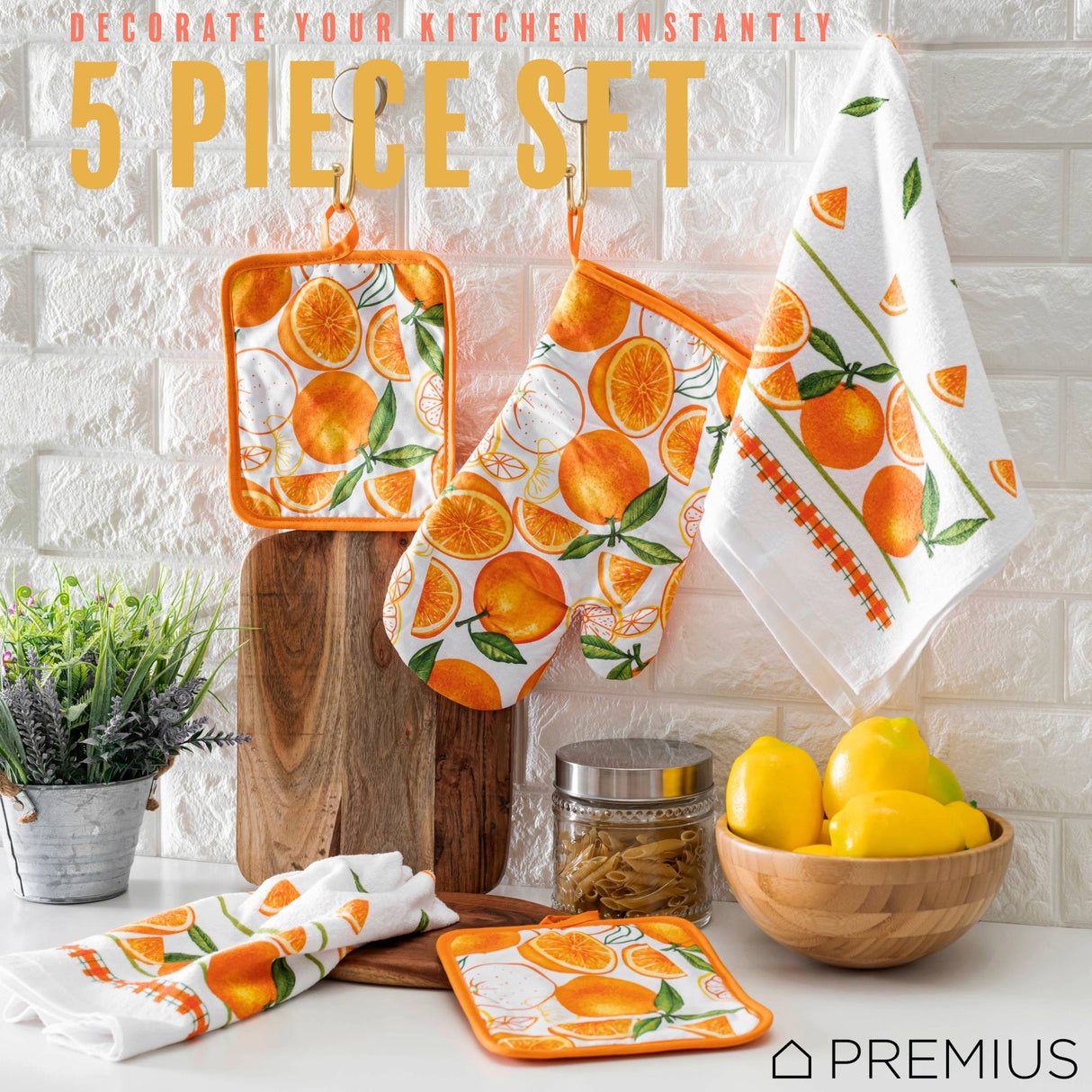 PREMIUS 5 Piece Printed Kitchen Linen Set, 2 Cotton Towels, 2 Pot Holders, 1 Oven Mitt from ShopBobbys