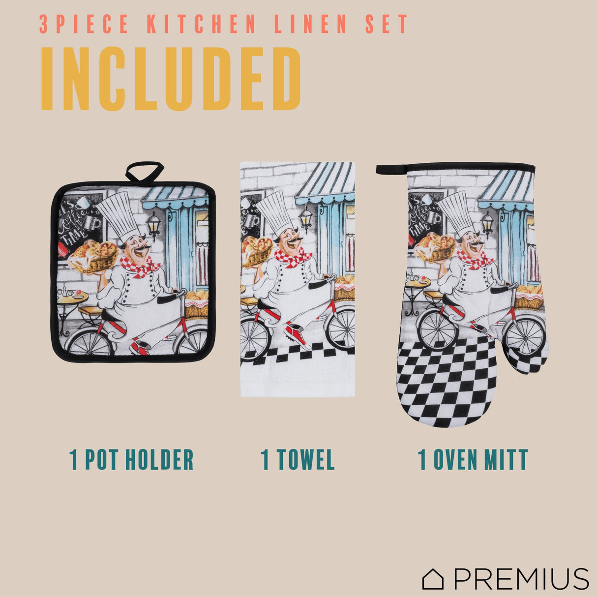 PREMIUS 3 Piece Printed Kitchen Linen Set, 1 Cotton Towel, 1 Pot Holder, 1 Oven Mitt from ShopBobbys