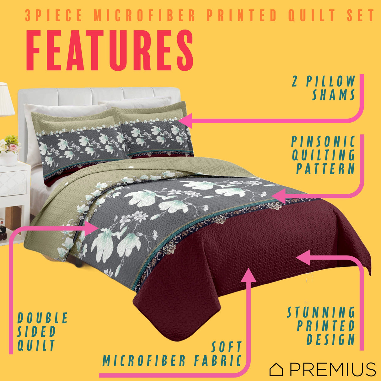 PREMIUS Scarlett 3 Piece Microfiber Wrinkle-Free Quilt Set, Brick-Gray-Beige from ShopBobbys