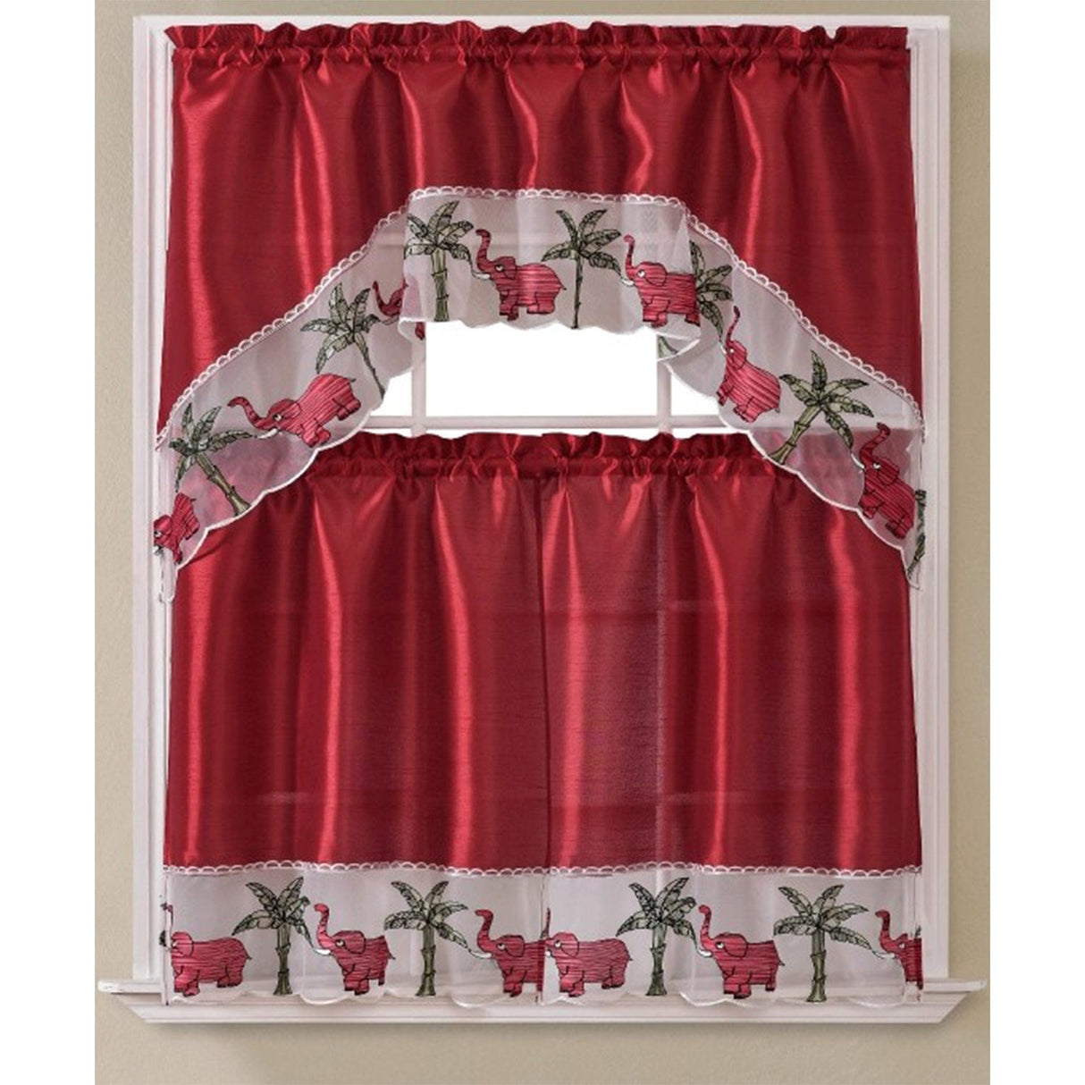 Elephant Embroidered Kitchen Curtain Set, Swag 60x36, 30x36 Inches from ShopBobbys