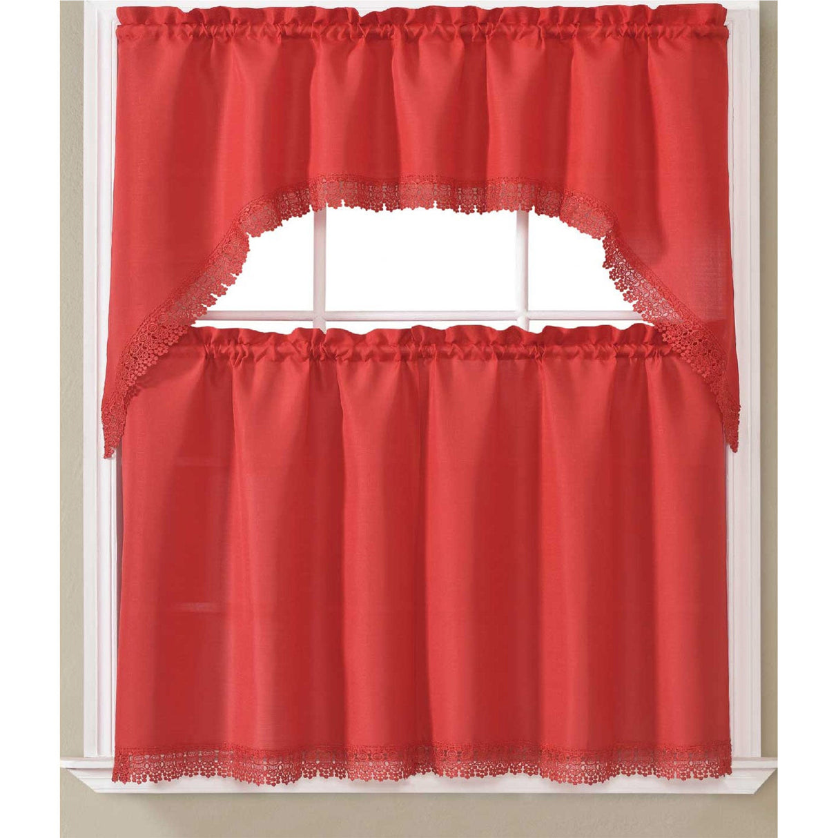 Maggie Kitchen Curtain Set with Macrame Fringes, Swag Valance 60x36, Tiers 30x36 Inches from ShopBobbys