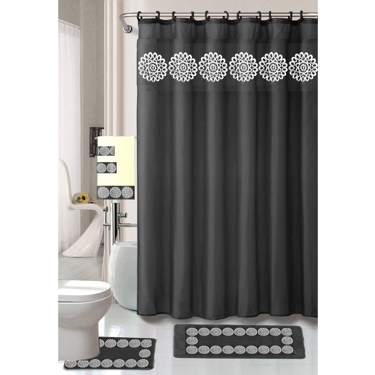 Cynthia 18 Piece Shower Curtain with Embroidered Non-Slip Bath Rug and Towel Set from ShopBobbys