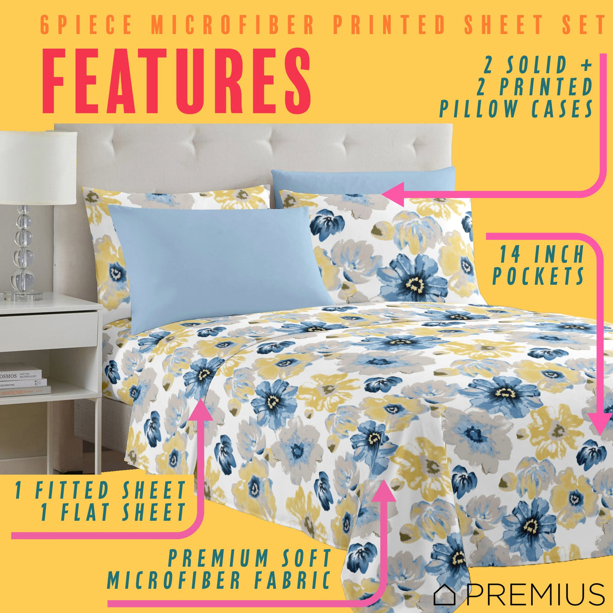 PREMIUS Eliana Soft Wrinkle-Free Microfiber Sheet Set, Blue-Yellow from ShopBobbys