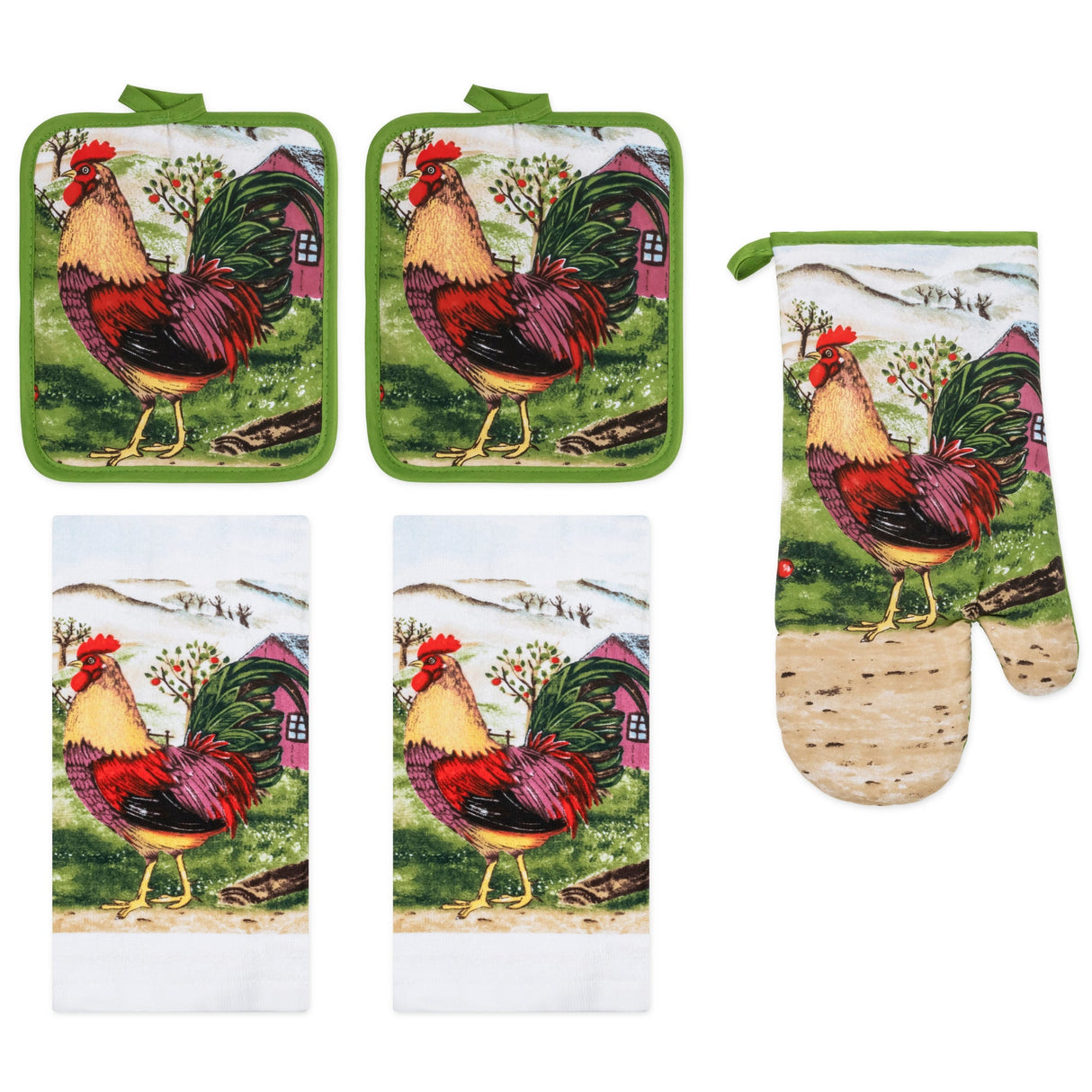 PREMIUS 5 Piece Printed Kitchen Linen Set, 2 Cotton Towels, 2 Pot Holders, 1 Oven Mitt from ShopBobbys