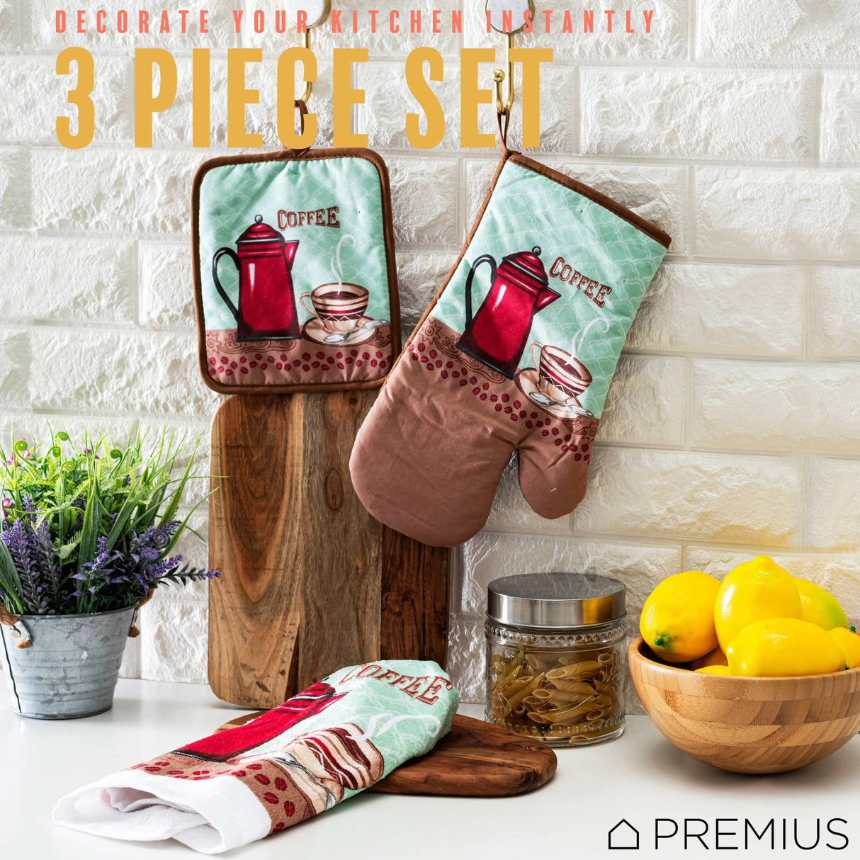 PREMIUS 3 Piece Printed Kitchen Linen Set, 1 Cotton Towel, 1 Pot Holder, 1 Oven Mitt from ShopBobbys