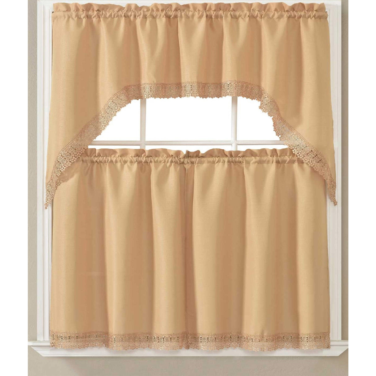 Maggie Kitchen Curtain Set with Macrame Fringes, Swag Valance 60x36, Tiers 30x36 Inches from ShopBobbys