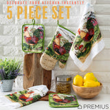 PREMIUS 5 Piece Printed Kitchen Linen Set, 2 Cotton Towels, 2 Pot Holders, 1 Oven Mitt from ShopBobbys