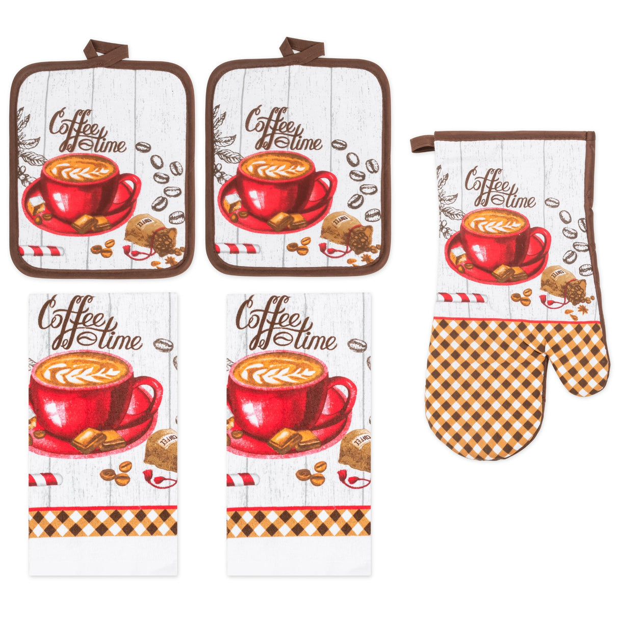PREMIUS 5 Piece Printed Kitchen Linen Set, 2 Cotton Towels, 2 Pot Holders, 1 Oven Mitt from ShopBobbys