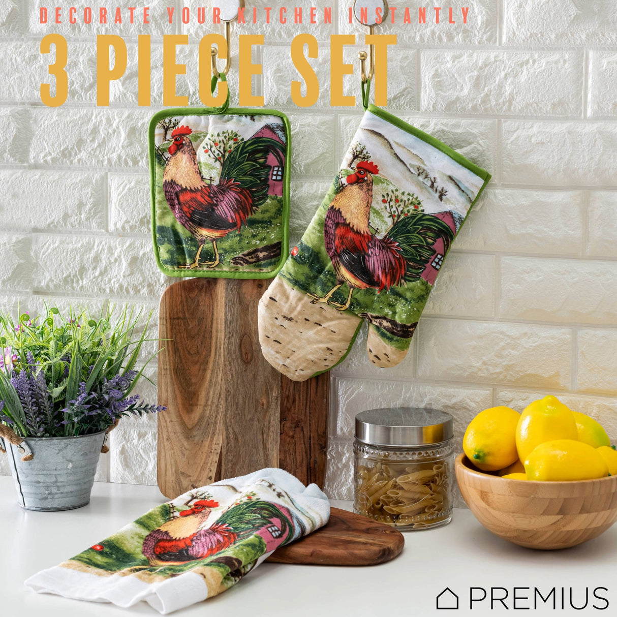 PREMIUS 3 Piece Printed Kitchen Linen Set, 1 Cotton Towel, 1 Pot Holder, 1 Oven Mitt from ShopBobbys
