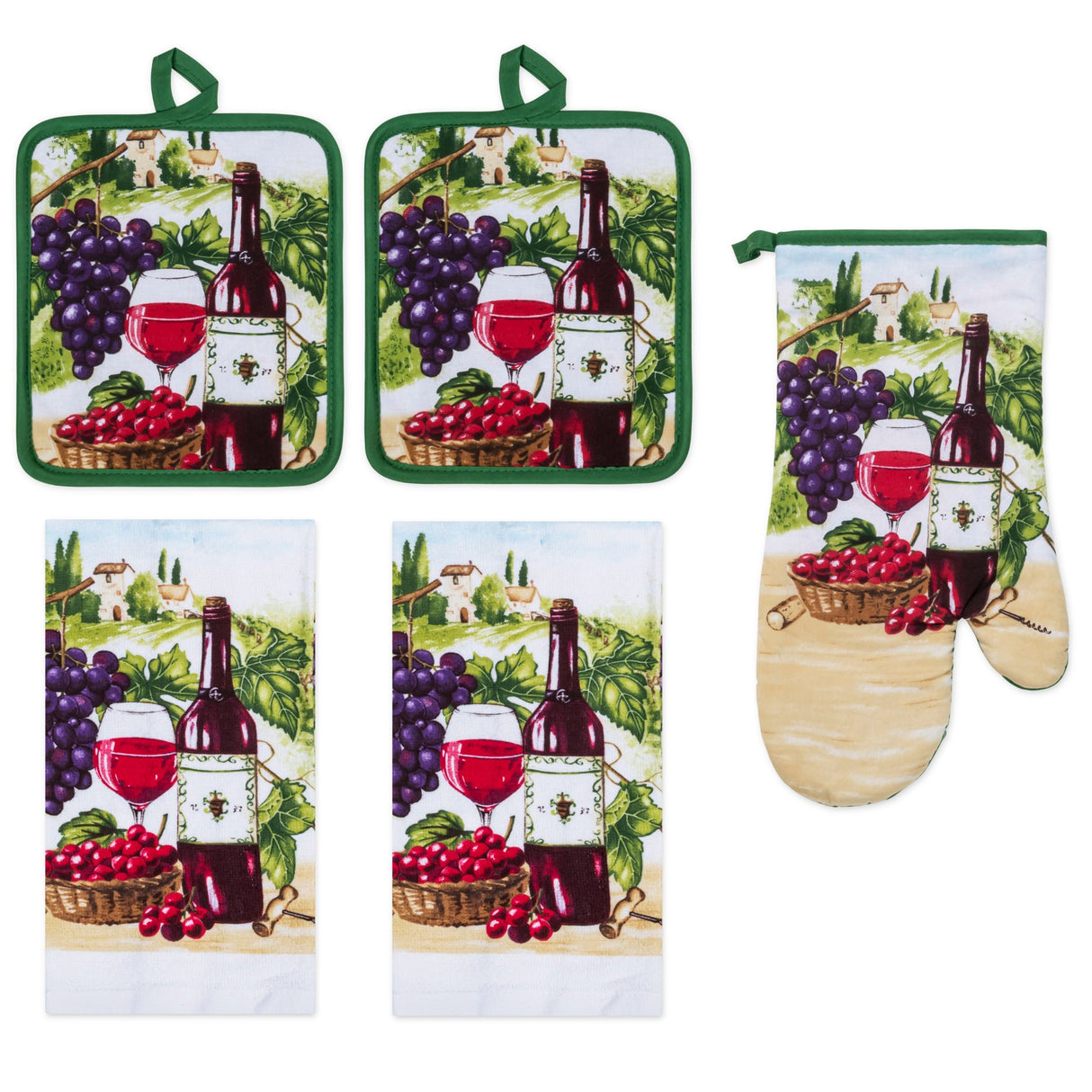 PREMIUS 5 Piece Printed Kitchen Linen Set, 2 Cotton Towels, 2 Pot Holders, 1 Oven Mitt from ShopBobbys