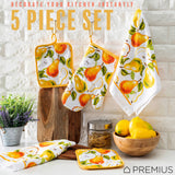 PREMIUS 5 Piece Printed Kitchen Linen Set, 2 Cotton Towels, 2 Pot Holders, 1 Oven Mitt from ShopBobbys