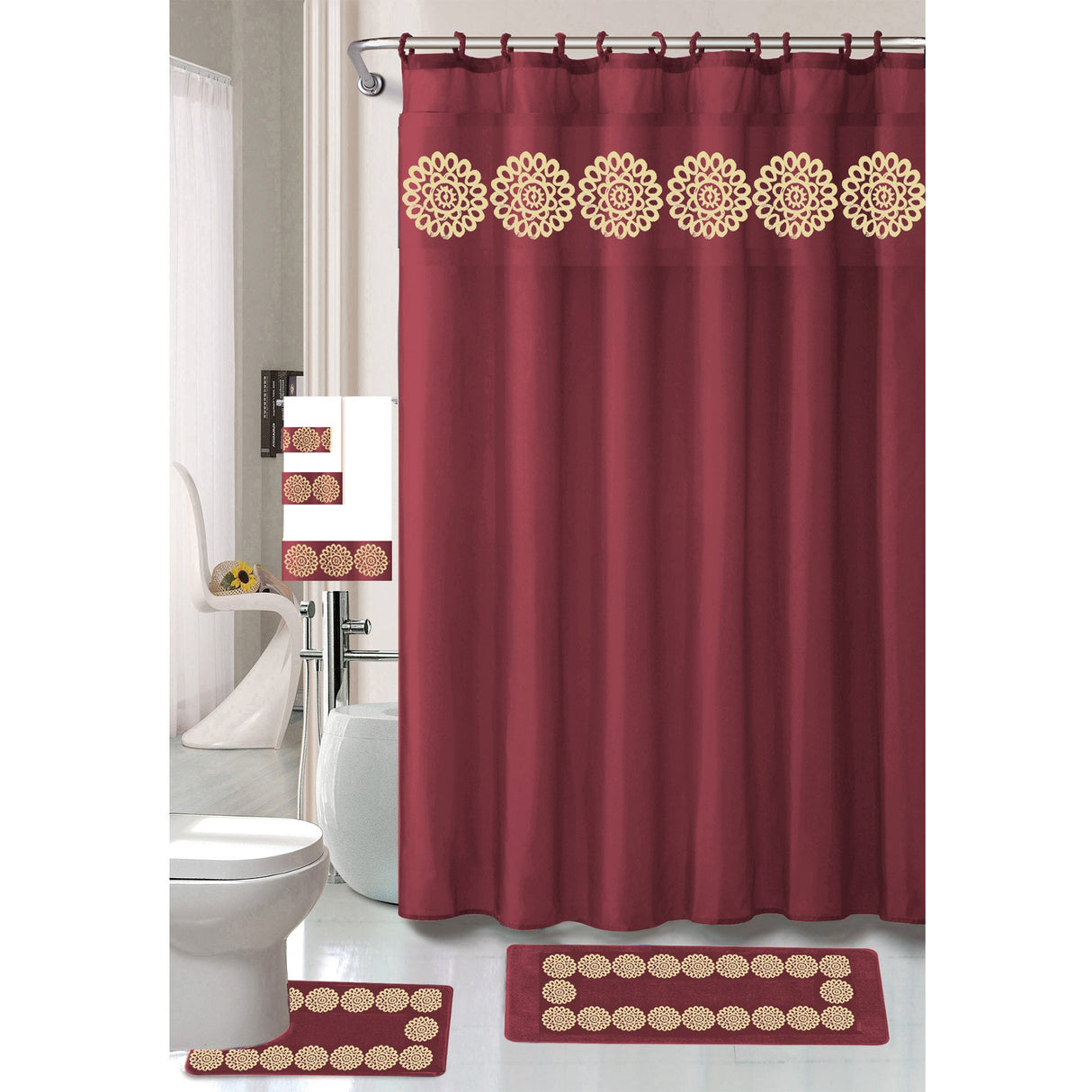 Cynthia 18 Piece Shower Curtain with Embroidered Non-Slip Bath Rug and Towel Set from ShopBobbys