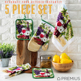 PREMIUS 5 Piece Printed Kitchen Linen Set, 2 Cotton Towels, 2 Pot Holders, 1 Oven Mitt from ShopBobbys