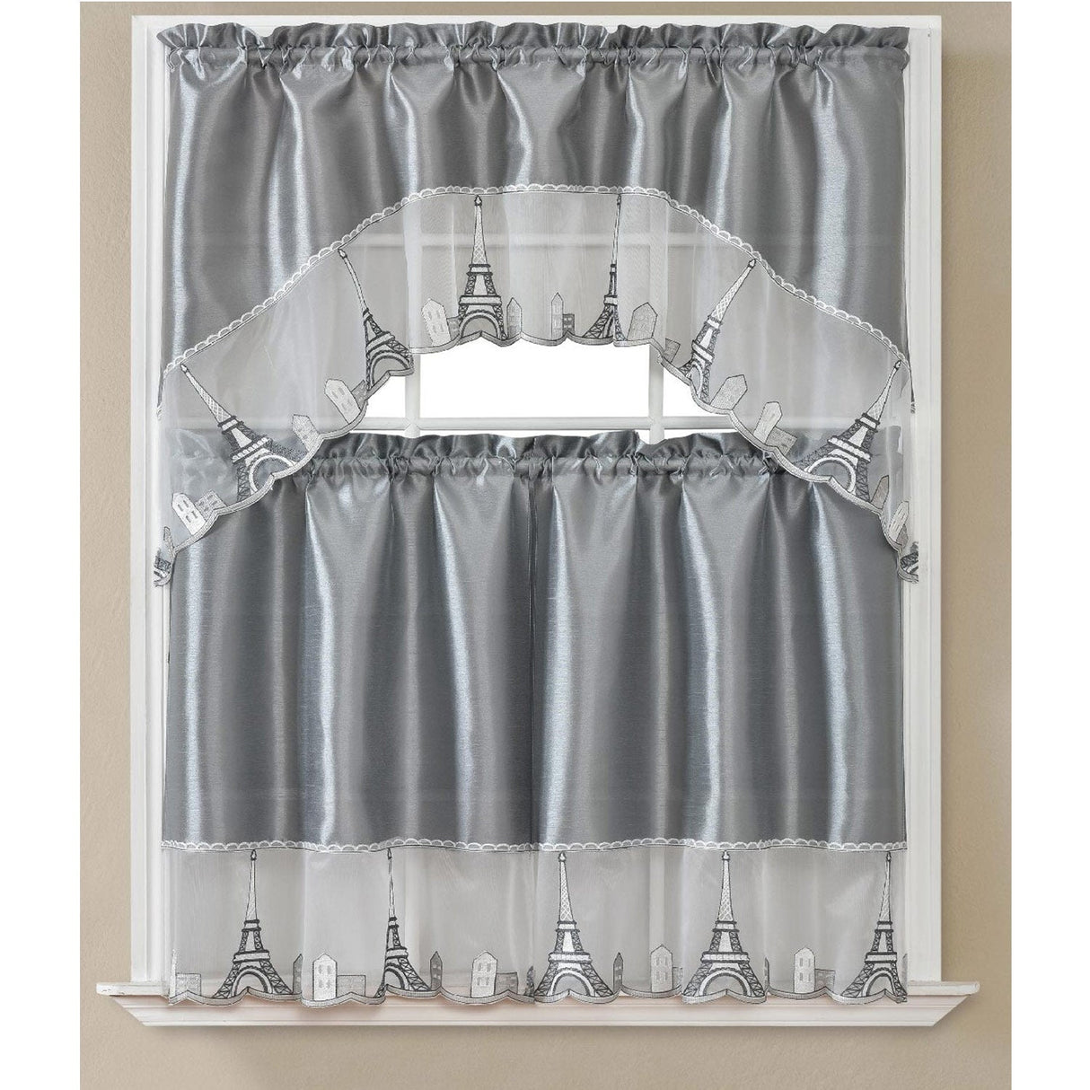 Paris Embroidered Kitchen Curtain Set, Swag 60x36, 30x36 Inches from ShopBobbys