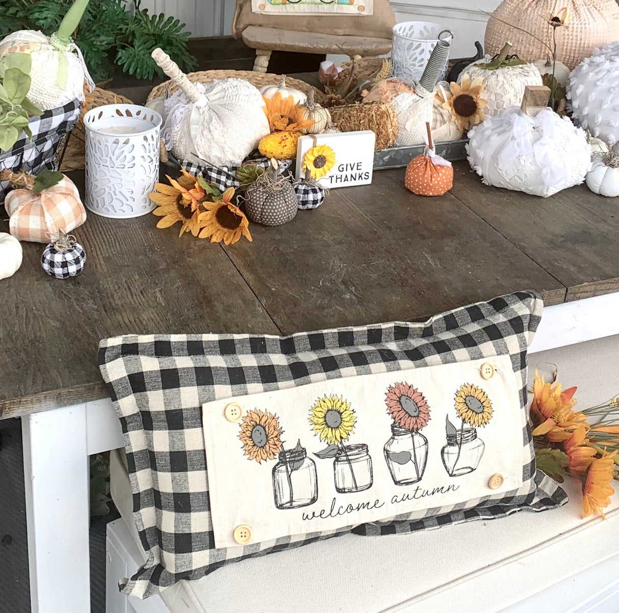 GIFT GUIDE:  FOR THOSE THAT ARE HARD TO BUY FOR!  SEASONAL SET: Buffalo Check Gingham Pillow (comes w/ foam insert & these 4 panels in back pocket)  SUNFLOWERS, SNOWMAN SCARVES, BE MY VALENTINE, SUMMER VINTAGE CAMPER From PillowPanels