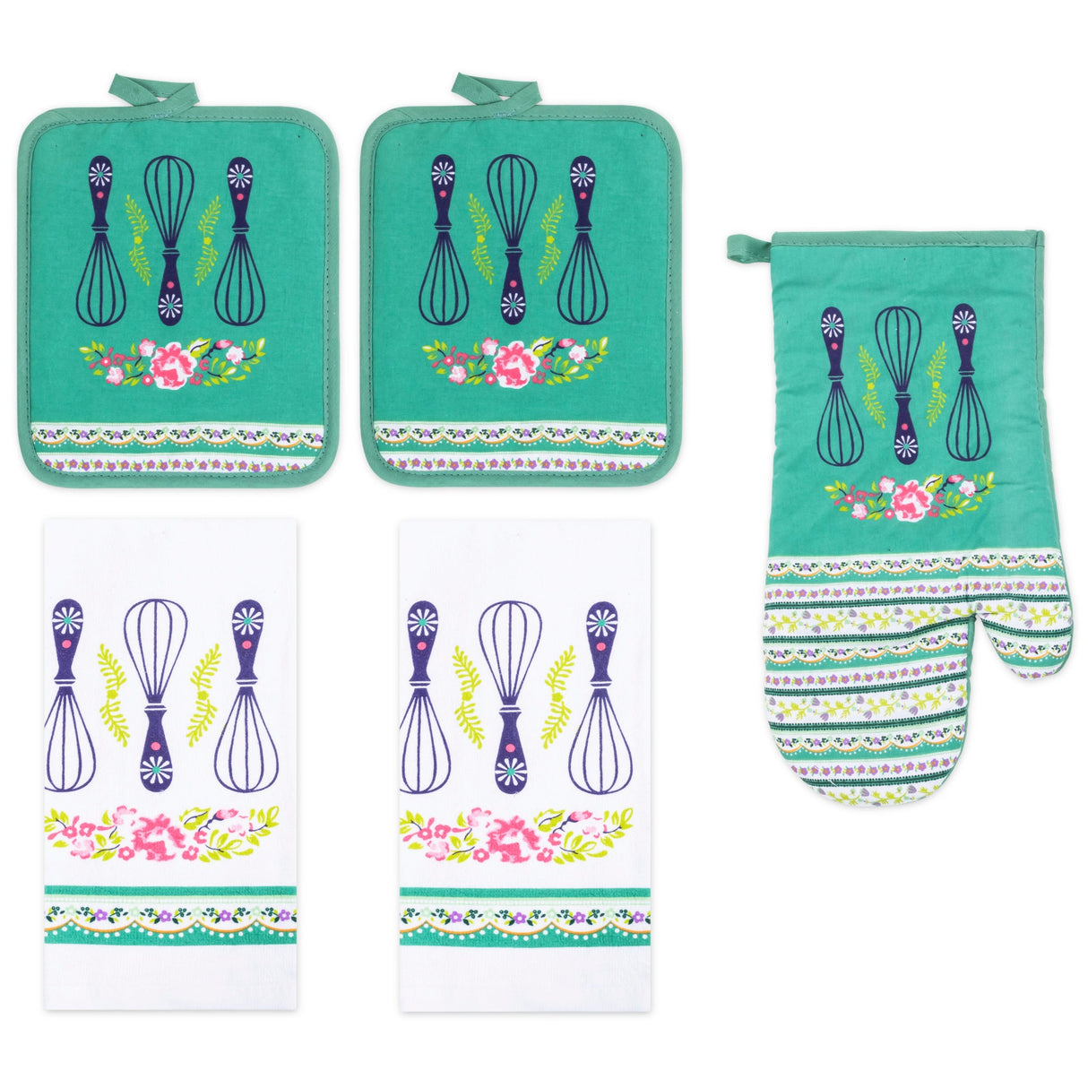 PREMIUS 5 Piece Printed Kitchen Linen Set, 2 Cotton Towels, 2 Pot Holders, 1 Oven Mitt from ShopBobbys