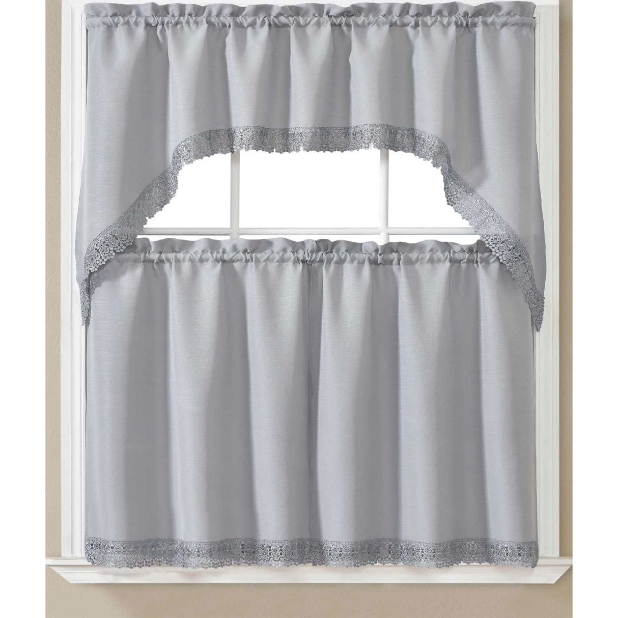 Maggie Kitchen Curtain Set with Macrame Fringes, Swag Valance 60x36, Tiers 30x36 Inches from ShopBobbys