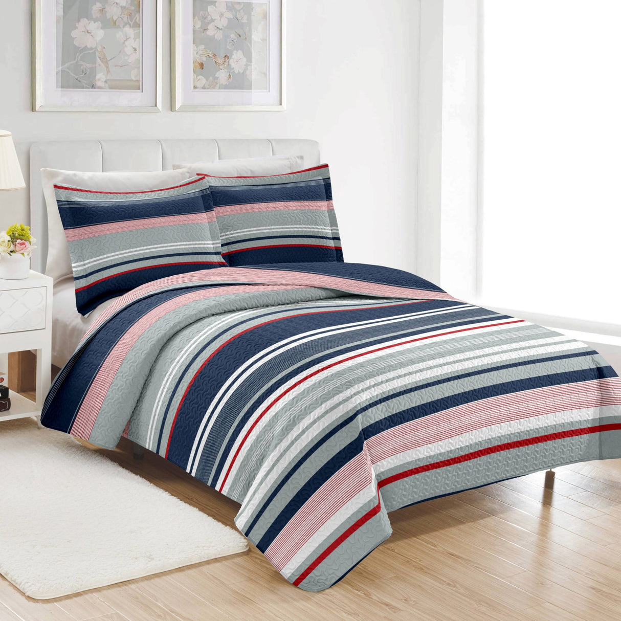 PREMIUS Mateo 3 Piece Microfiber Wrinkle-Free Quilt Set, Blue-Multi-Striped from ShopBobbys