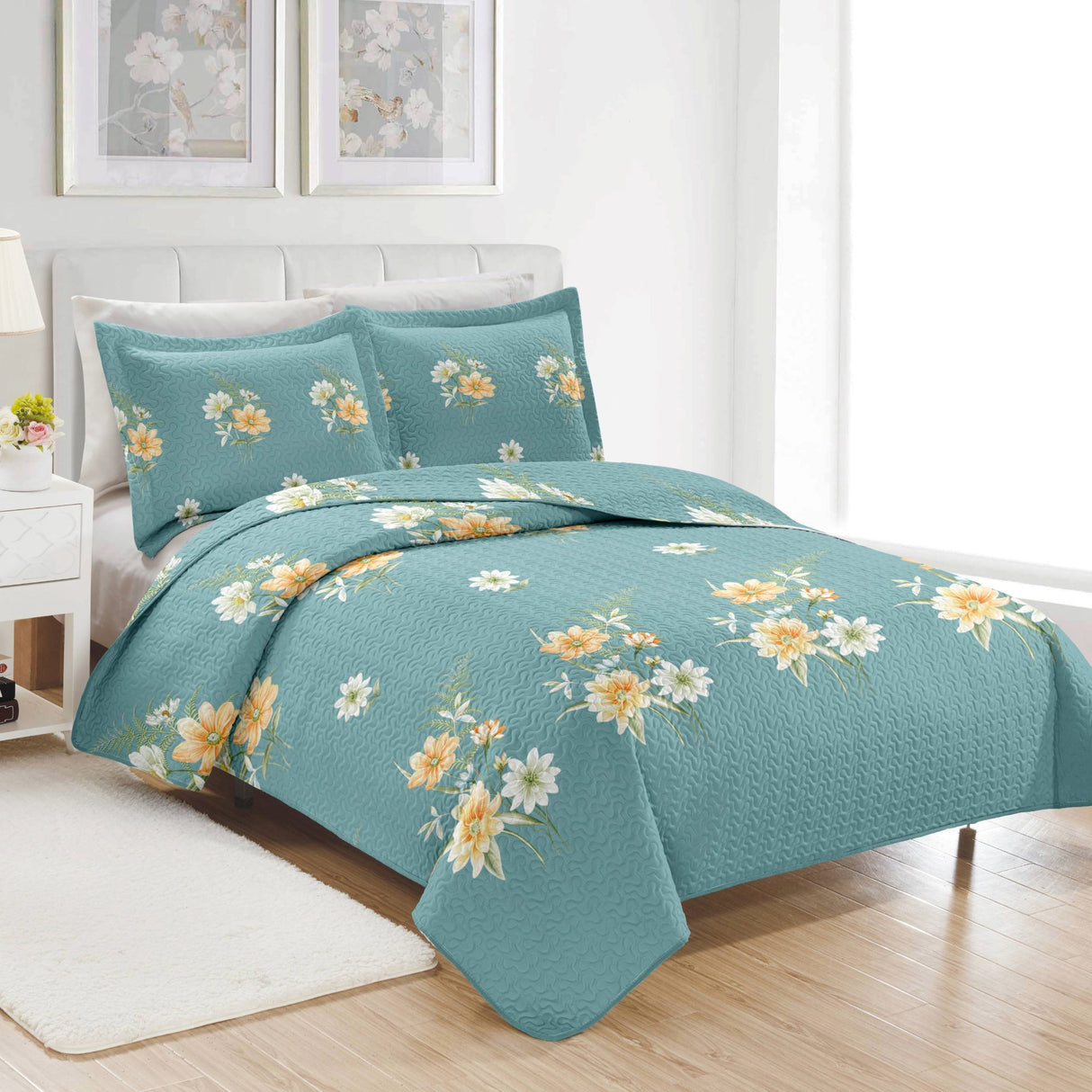 PREMIUS Lucea 3 Piece Microfiber Wrinkle-Free Quilt Set, Soft Blue from ShopBobbys