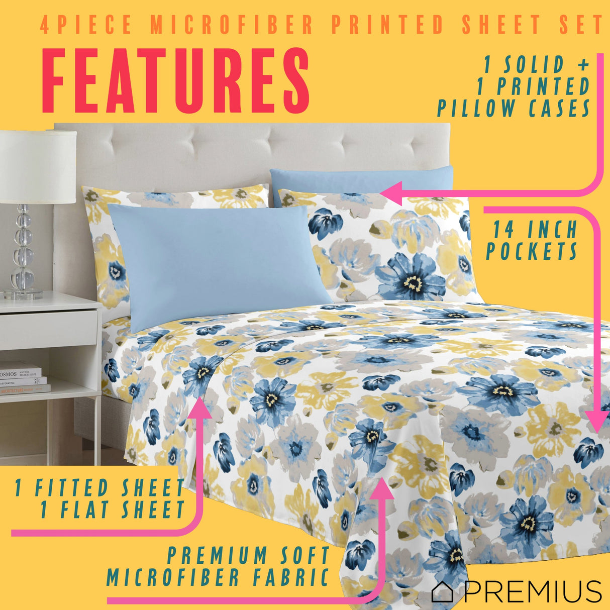 PREMIUS Eliana Soft Wrinkle-Free Microfiber Sheet Set, Blue-Yellow from ShopBobbys