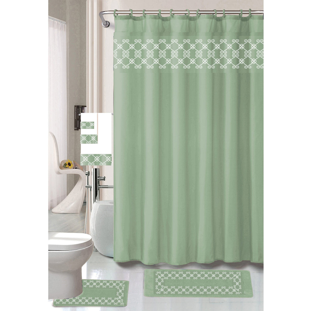 Tristan 18 Piece Shower Curtain with Embroidered Non-Slip Bath Rug and Towel Set from ShopBobbys