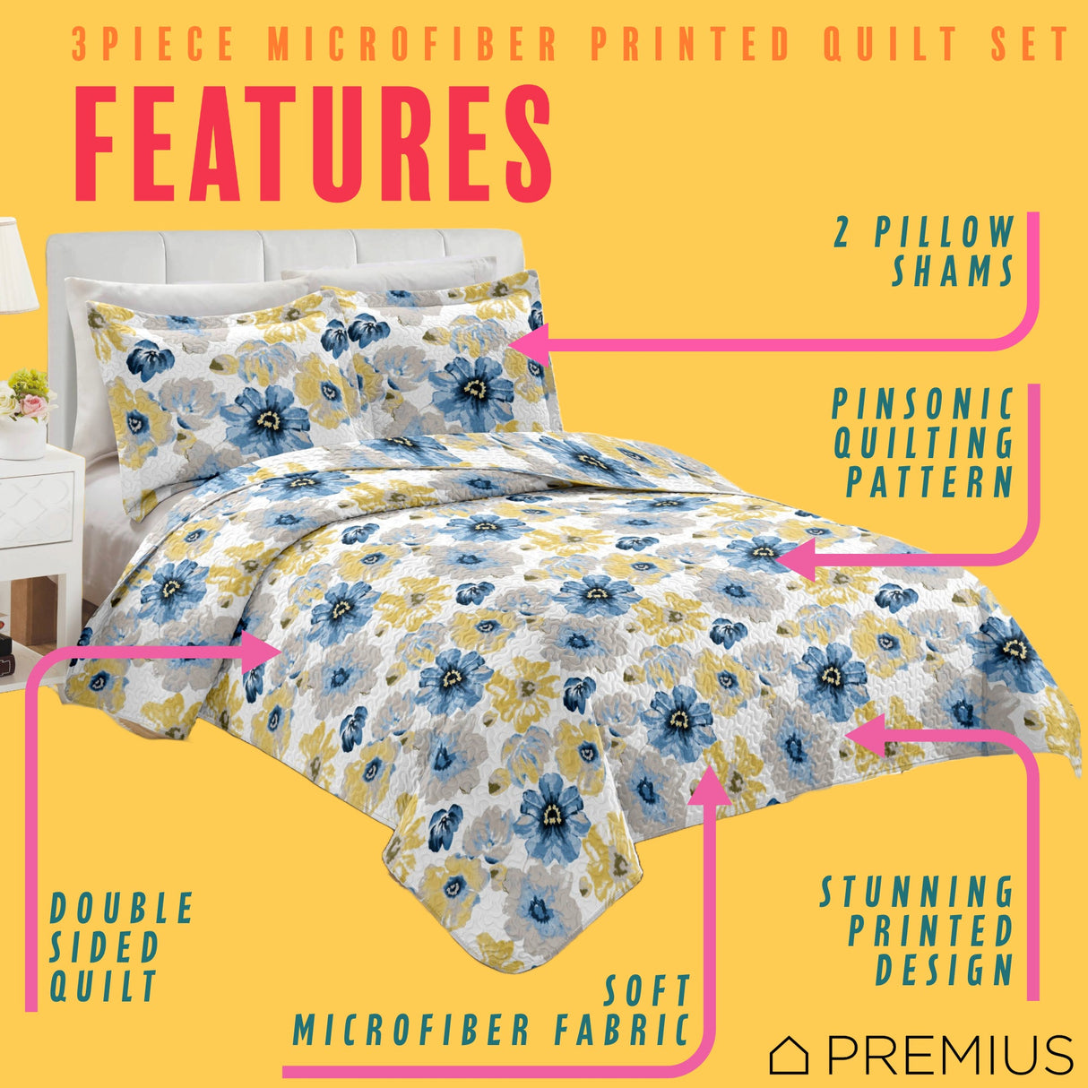 PREMIUS Eliana 3 Piece Microfiber Wrinkle-Free Quilt Set, Blue-Yellow from ShopBobbys