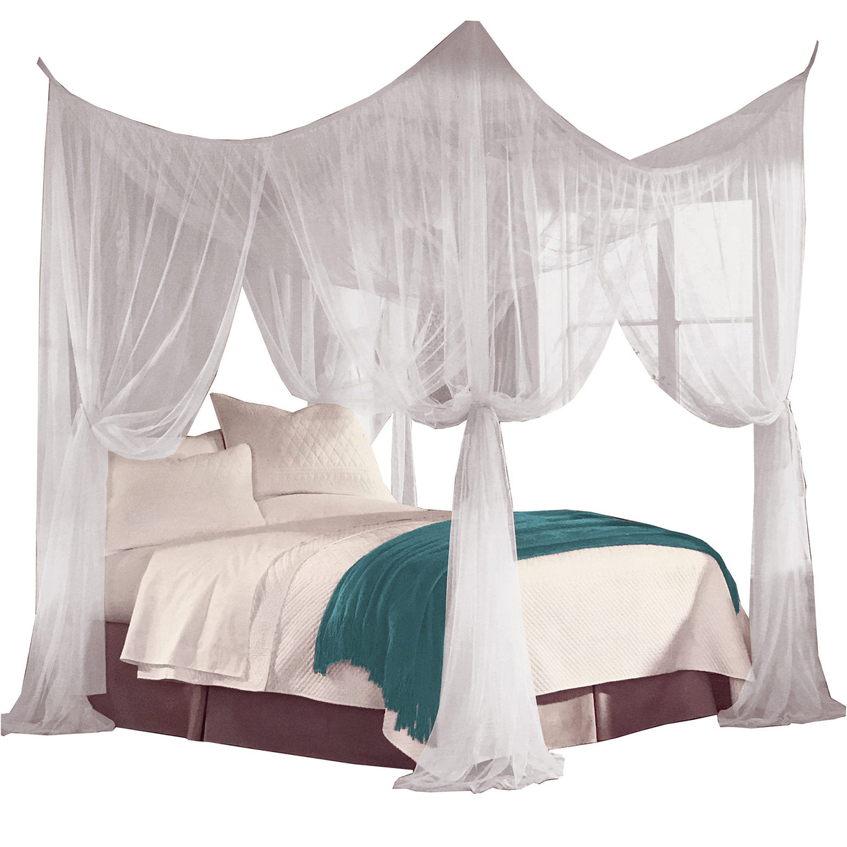 Just Relax Four Corner Post Elegant Mosquito Net Bed Canopy Set, White, Full-Queen-King from ShopBobbys