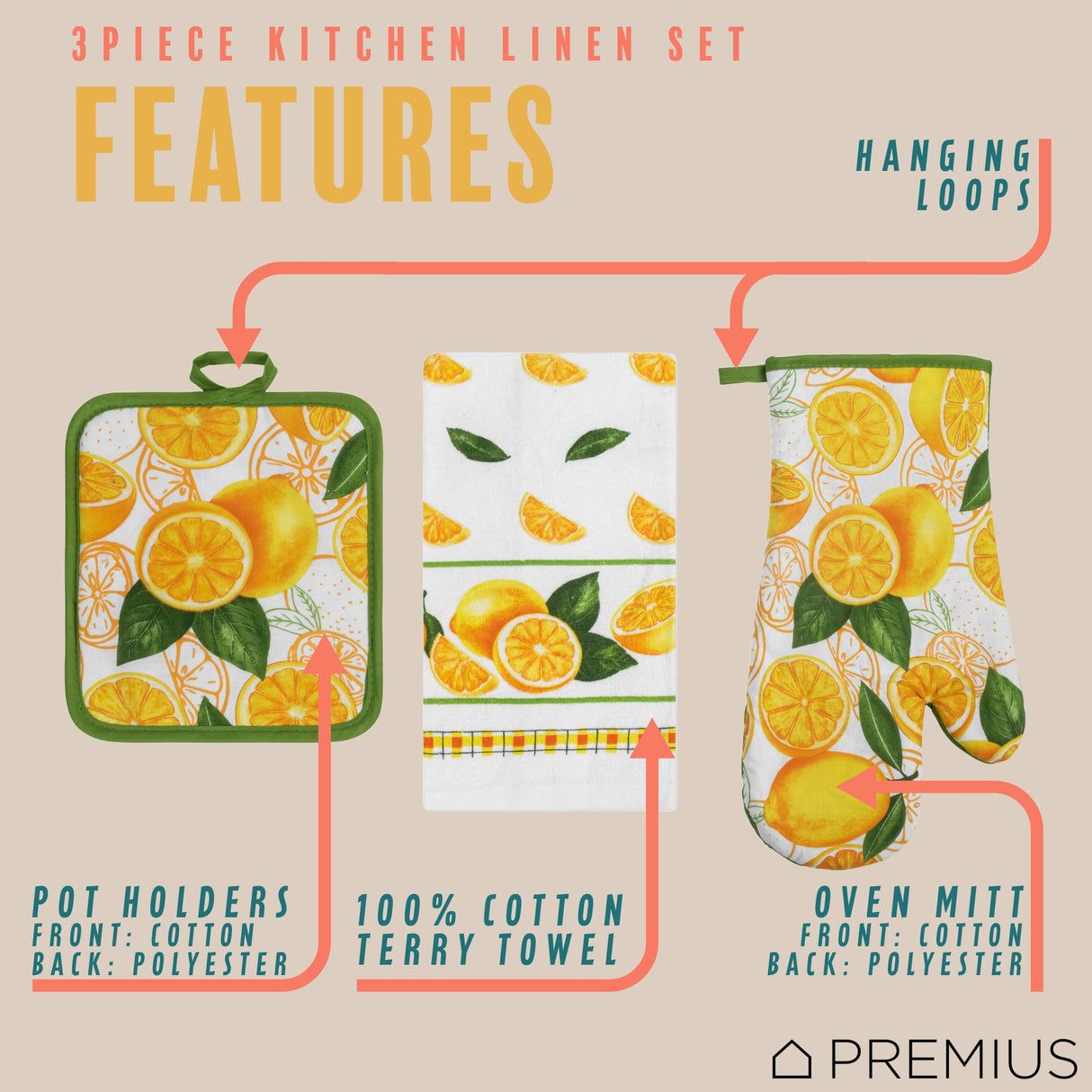PREMIUS 3 Piece Printed Kitchen Linen Set, 1 Cotton Towel, 1 Pot Holder, 1 Oven Mitt from ShopBobbys