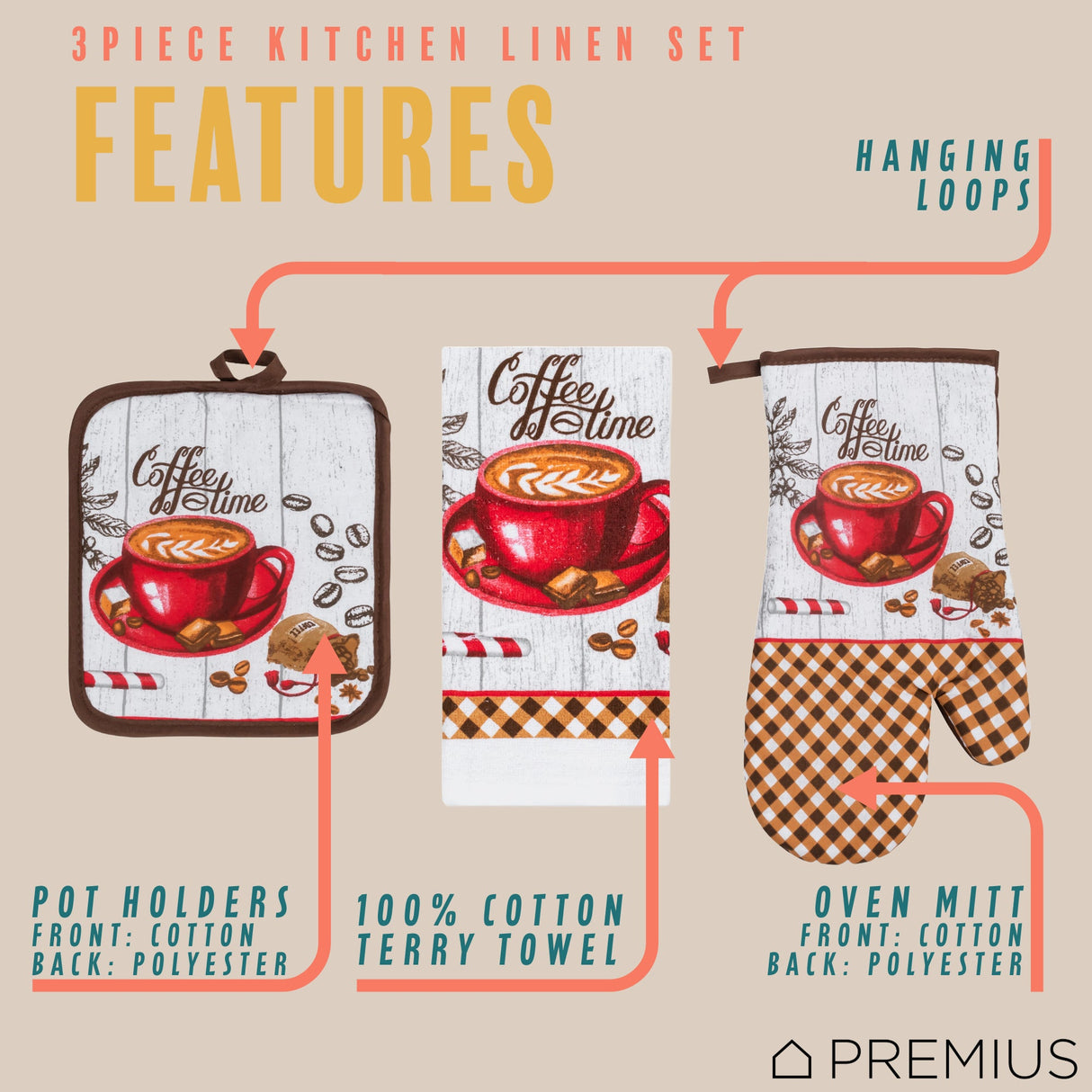 PREMIUS 3 Piece Printed Kitchen Linen Set, 1 Cotton Towel, 1 Pot Holder, 1 Oven Mitt from ShopBobbys