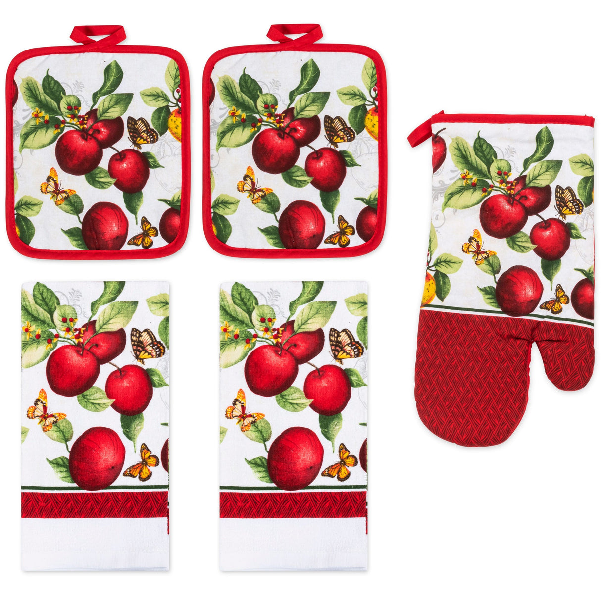 PREMIUS 5 Piece Printed Kitchen Linen Set, 2 Cotton Towels, 2 Pot Holders, 1 Oven Mitt from ShopBobbys