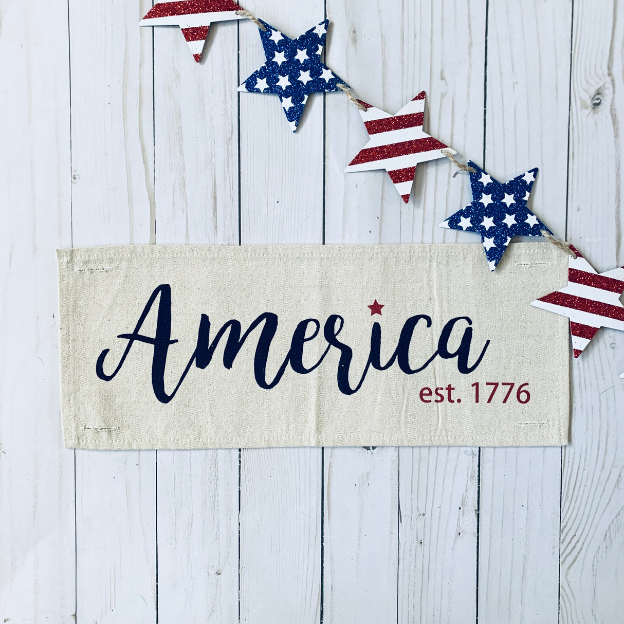 Holiday Panel: Summer, Star, Red, White and Blue, Cursive, Est. Vintage, Farmhouse; AMERICA 1776 From PillowPanels