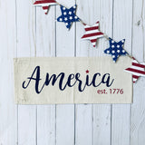 Holiday Panel: Summer, Star, Red, White and Blue, Cursive, Est. Vintage, Farmhouse; AMERICA 1776 From PillowPanels
