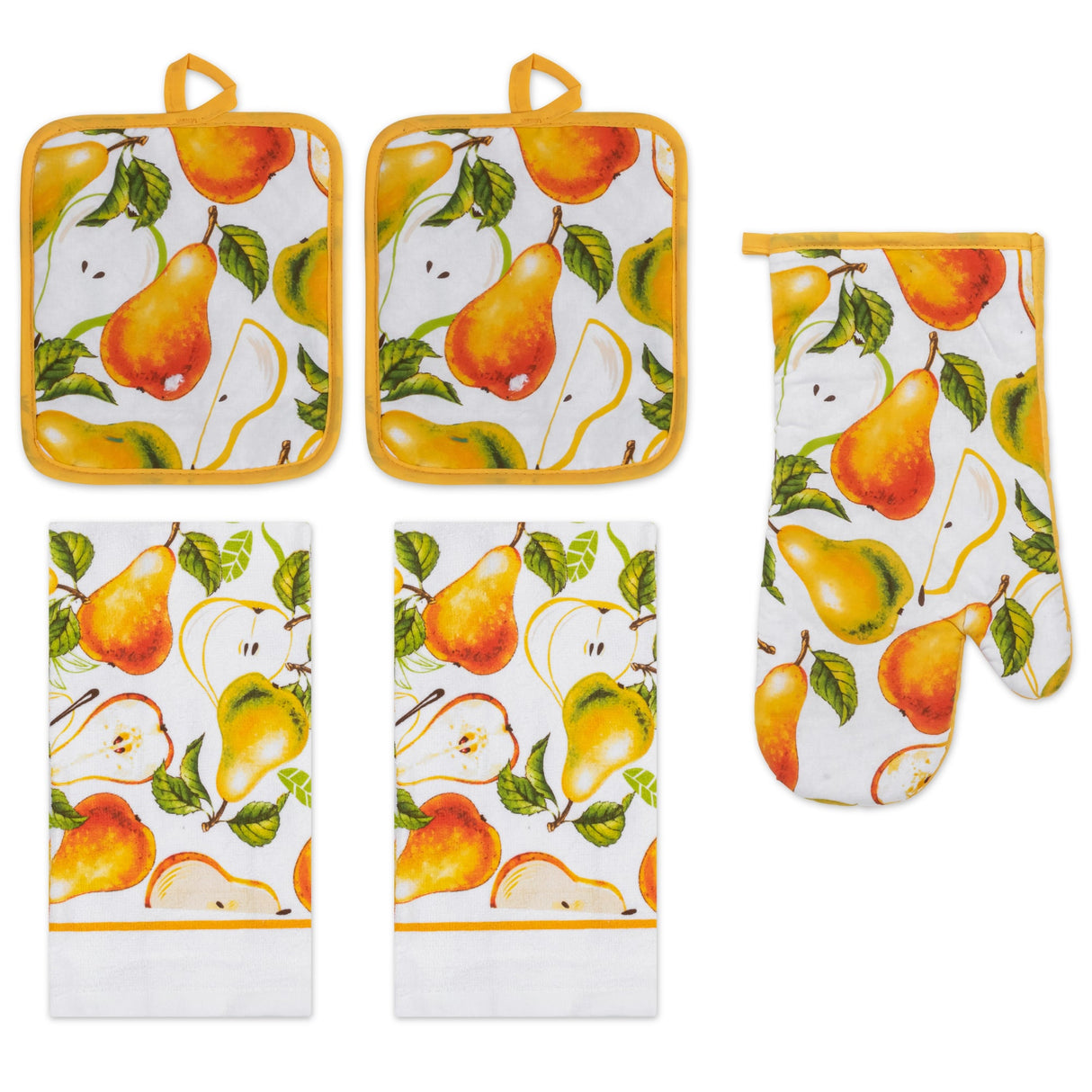 PREMIUS 5 Piece Printed Kitchen Linen Set, 2 Cotton Towels, 2 Pot Holders, 1 Oven Mitt from ShopBobbys